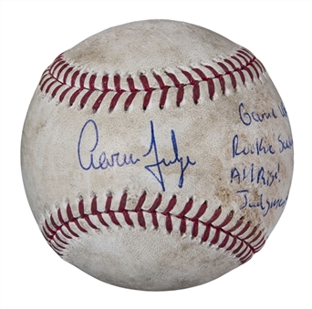 2017 Aaron Judge Game Used Signed & Four Inscription OML Manfred Baseball From Yankee Home Opener - Judge Home Run Game (MLB Authenticated & Yankees-Steiner)